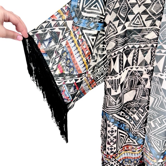 Angie NWT Aztec Print Fringe Kimono Medium Sheer Colorful Southwest Boho Flowy - Picture 9 of 16